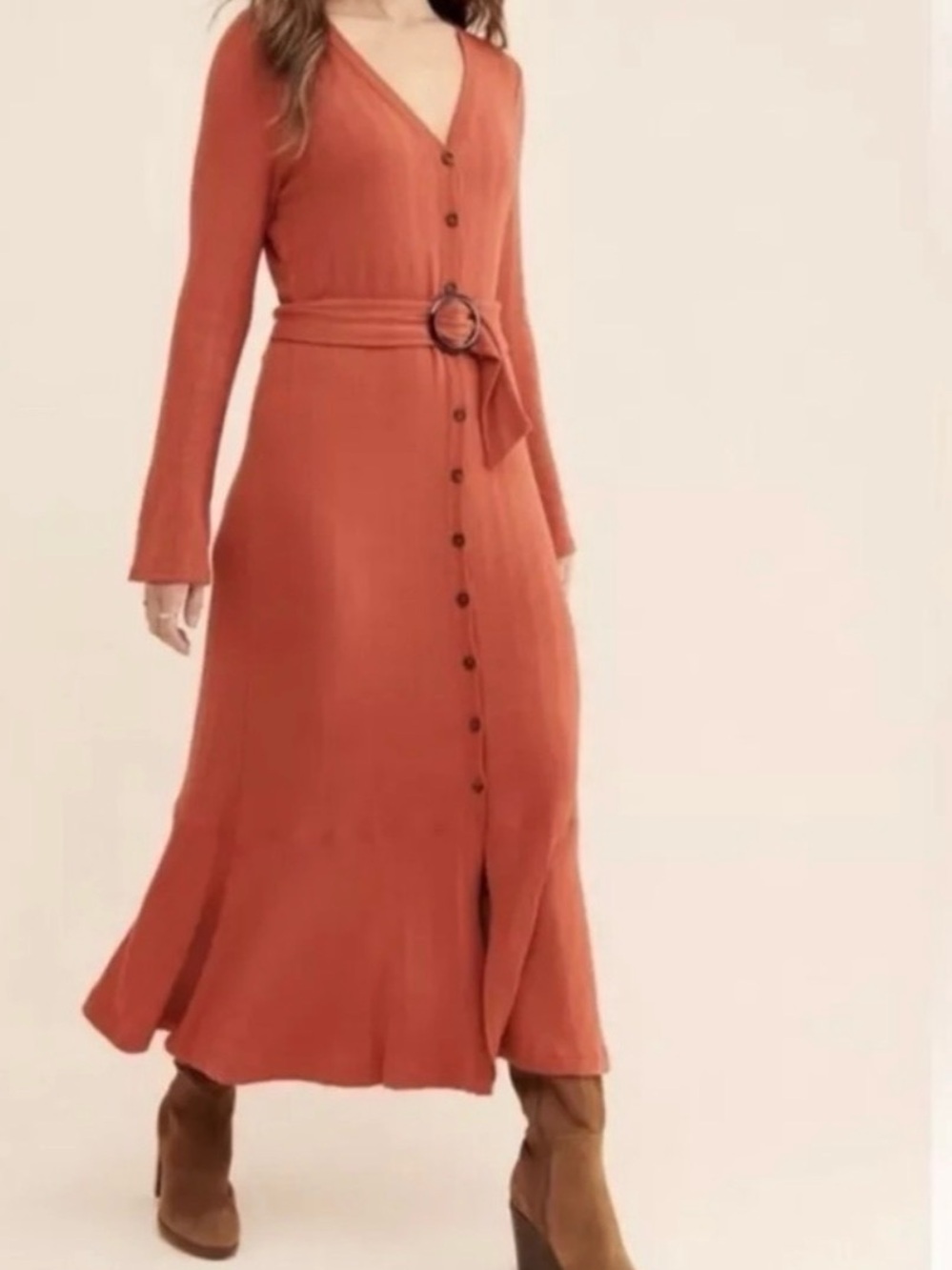 Anthropologie Rust Button-Front Long-Sleeve Maxi Dress with Belted Waist